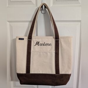Lands End Tote Bag Canvas Ivory Brown Shoulder Travel Womens Mens Open Top